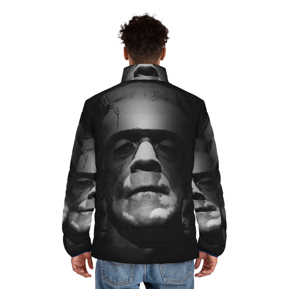 Frankenstein monster puffer jacket featuring the iconic Boris Karloff face - men back