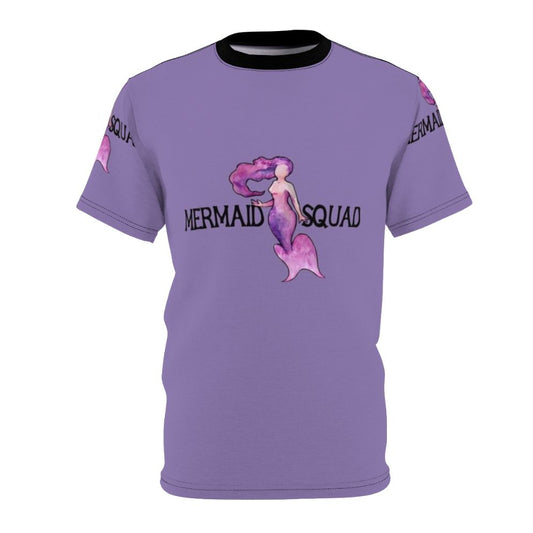 Whimsical purple mermaid t-shirt design featuring a group of mermaid friends