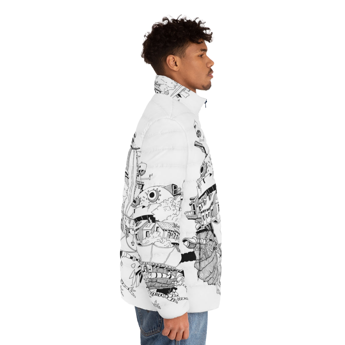 Howl's Moving Castle inspired puffer jacket featuring characters and elements from the anime film - men side right