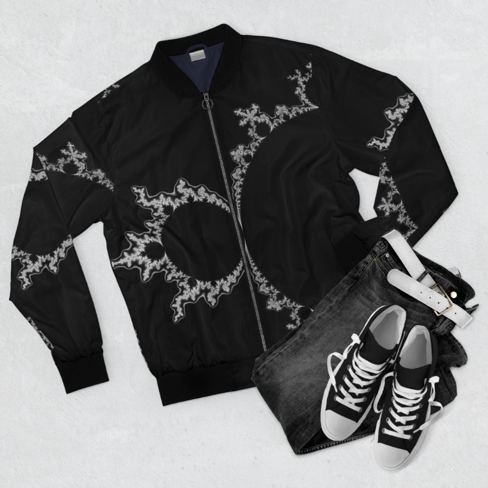 Monochrome Outline Mandelbrot Set Design Bomber Jacket - Flat lay