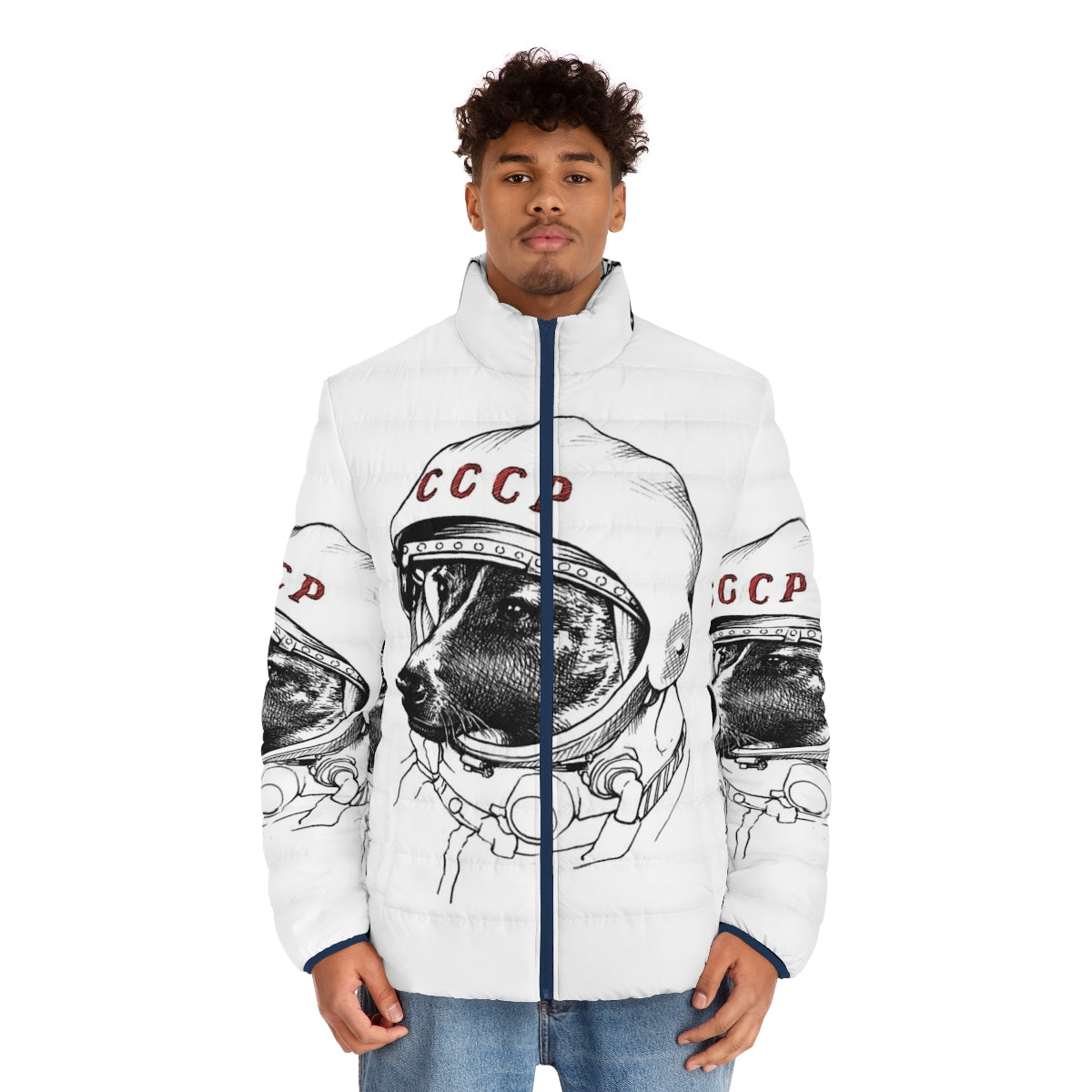 Laika Space Traveler Puffer Jacket featuring a dog in a spacesuit - men front