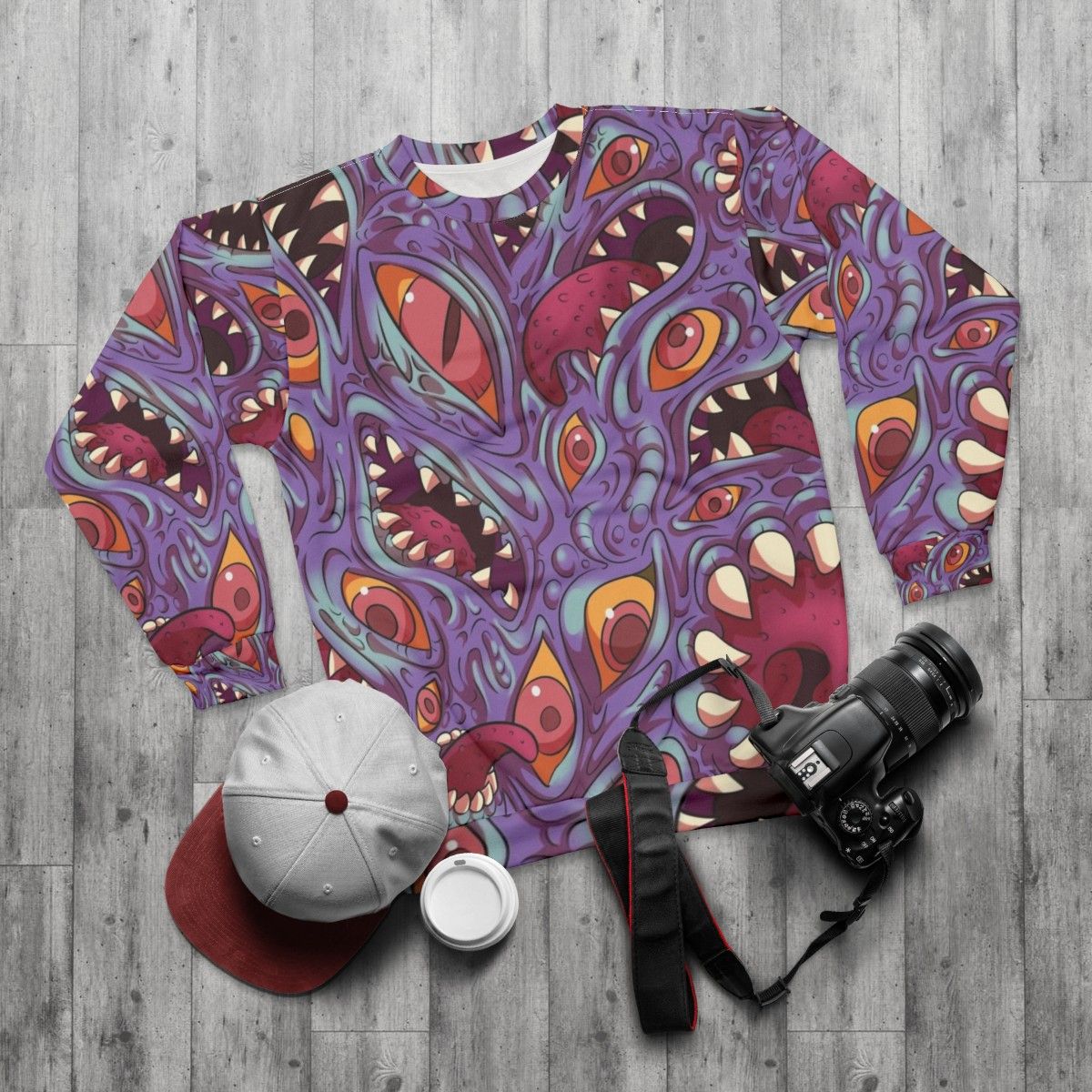 Lovecraftian horror sweatshirt with eldritch creature design - flat lay