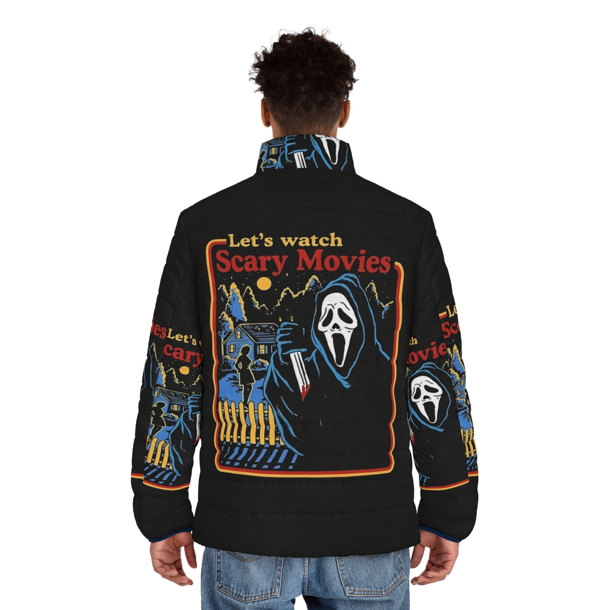 Scary horror puffer jacket with ghost design and "Let's Watch Scary Movies" text - men back