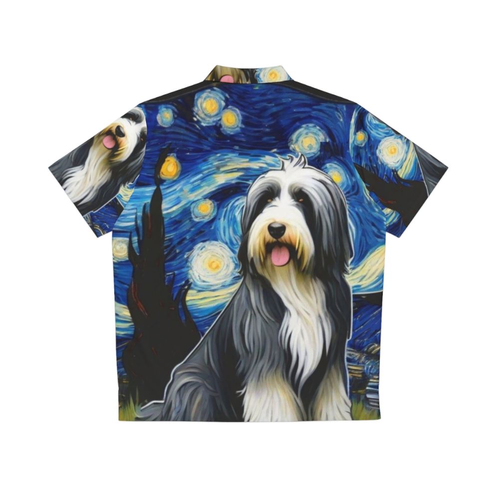 Bearded collie wearing a Hawaiian shirt with a starry night design - Back