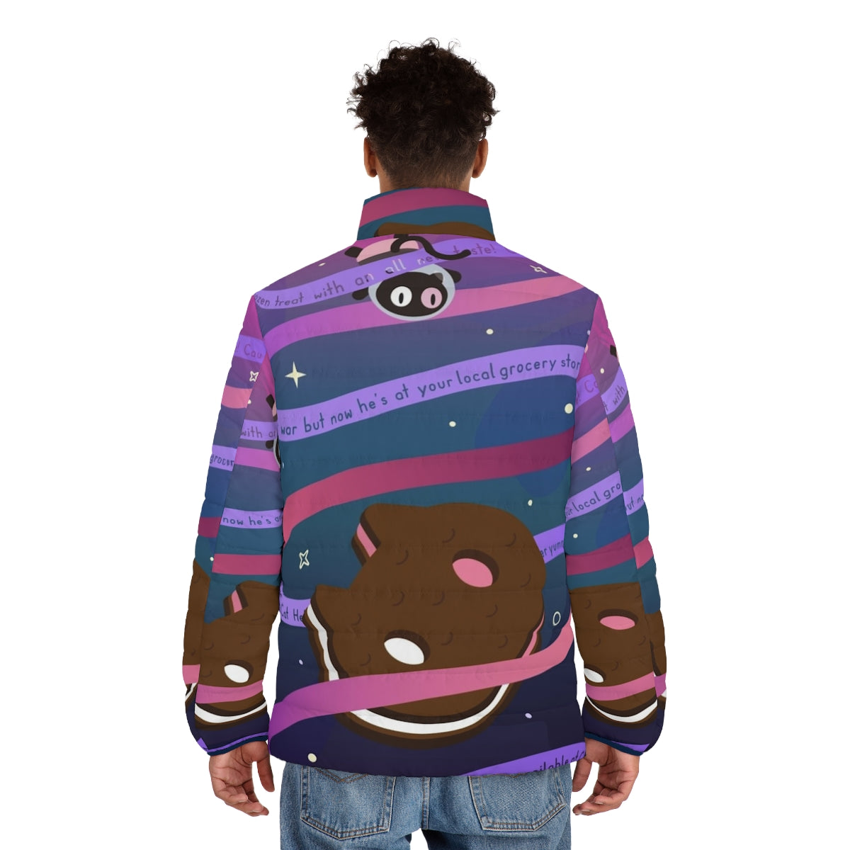 Cookie Cat Puffer Jacket featuring the iconic ice cream sandwich character from the Steven Universe cartoon series - men back