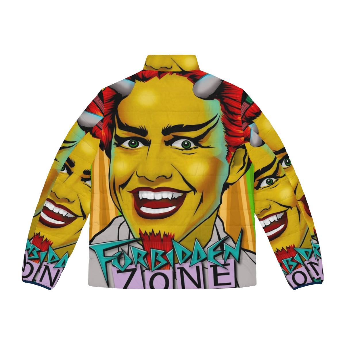 Retro "Forbidden Zone" puffer jacket featuring nostalgic 80s music fan art - Back