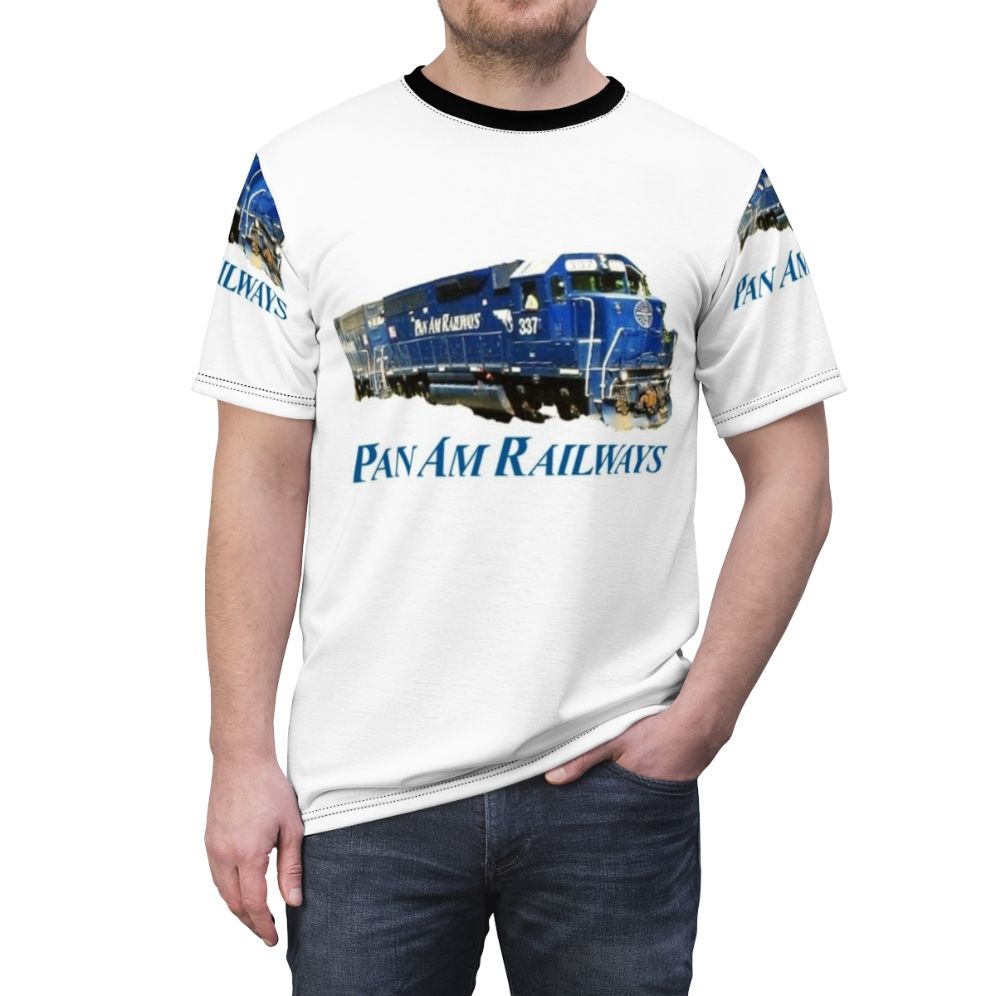 Vintage-style t-shirt with a graphic of a train and text related to Pan Am Railway and train driving - men front