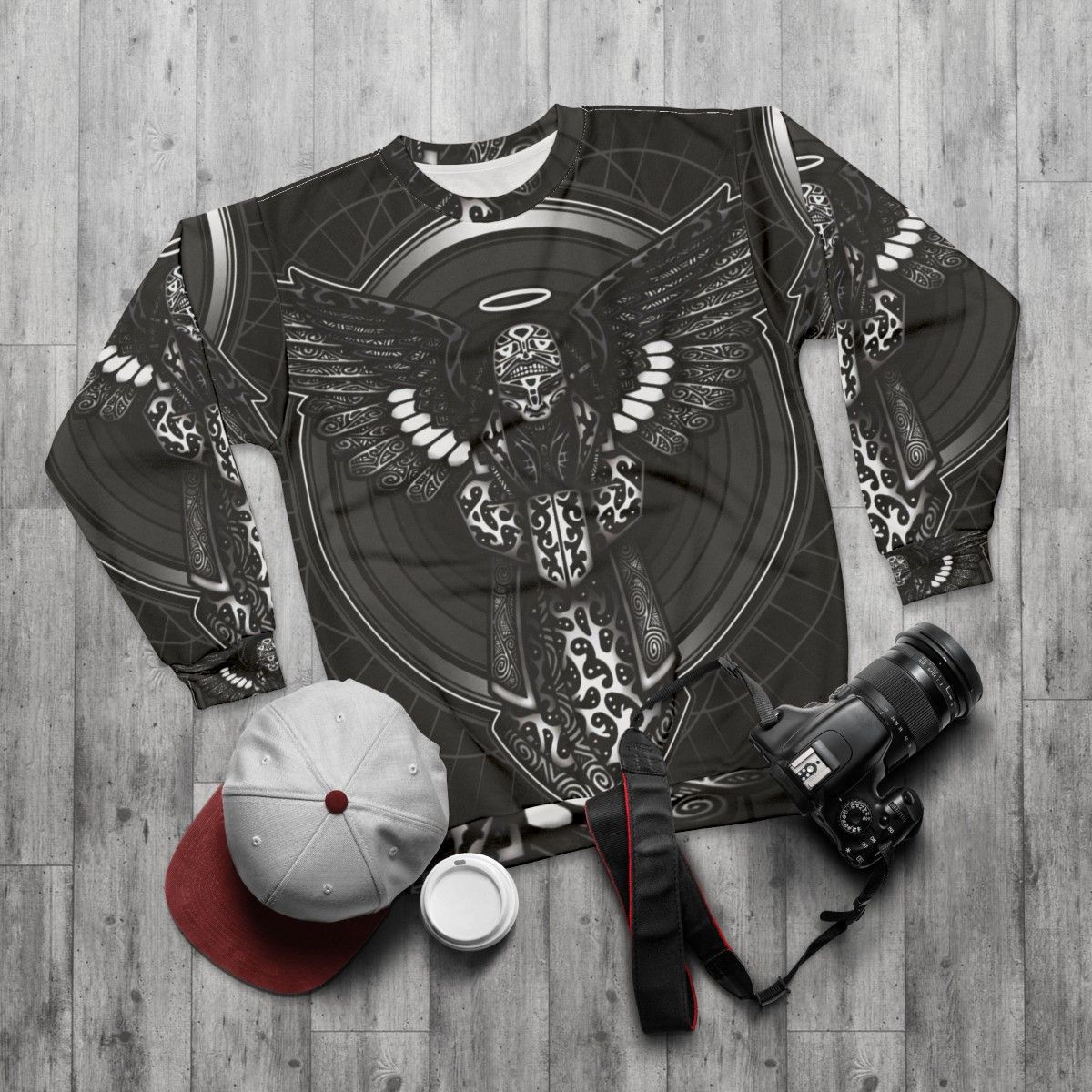 Anunnaki-inspired sweatshirt with ancient Sumerian symbols - flat lay