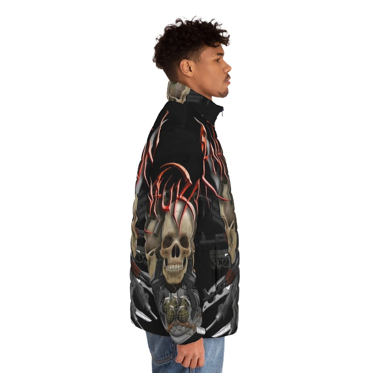 Death metal puffer jacket with band art and skull design - men side right