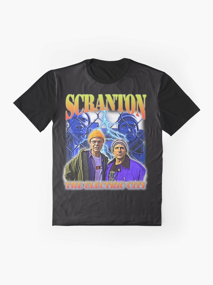 The Electric City Scranton Graphic T-Shirt with a vintage-inspired design featuring references to the TV show "The Office" - Flat lay