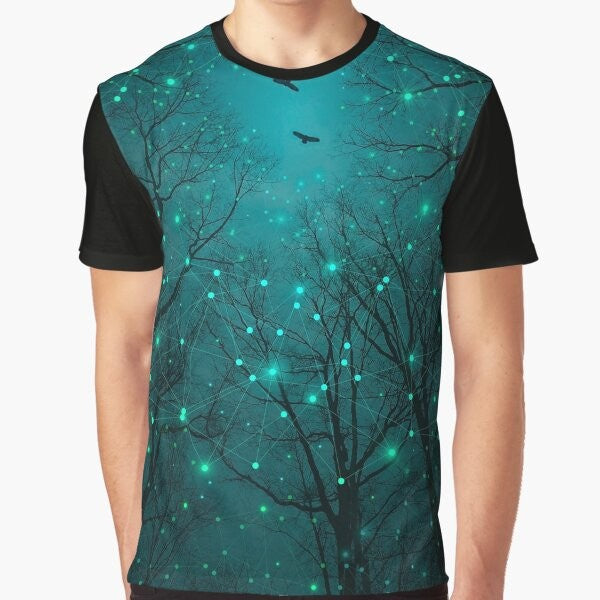 Teal galaxy night stars graphic t-shirt featuring a design of glowing stars, geometric constellations, and abstract tree artwork.