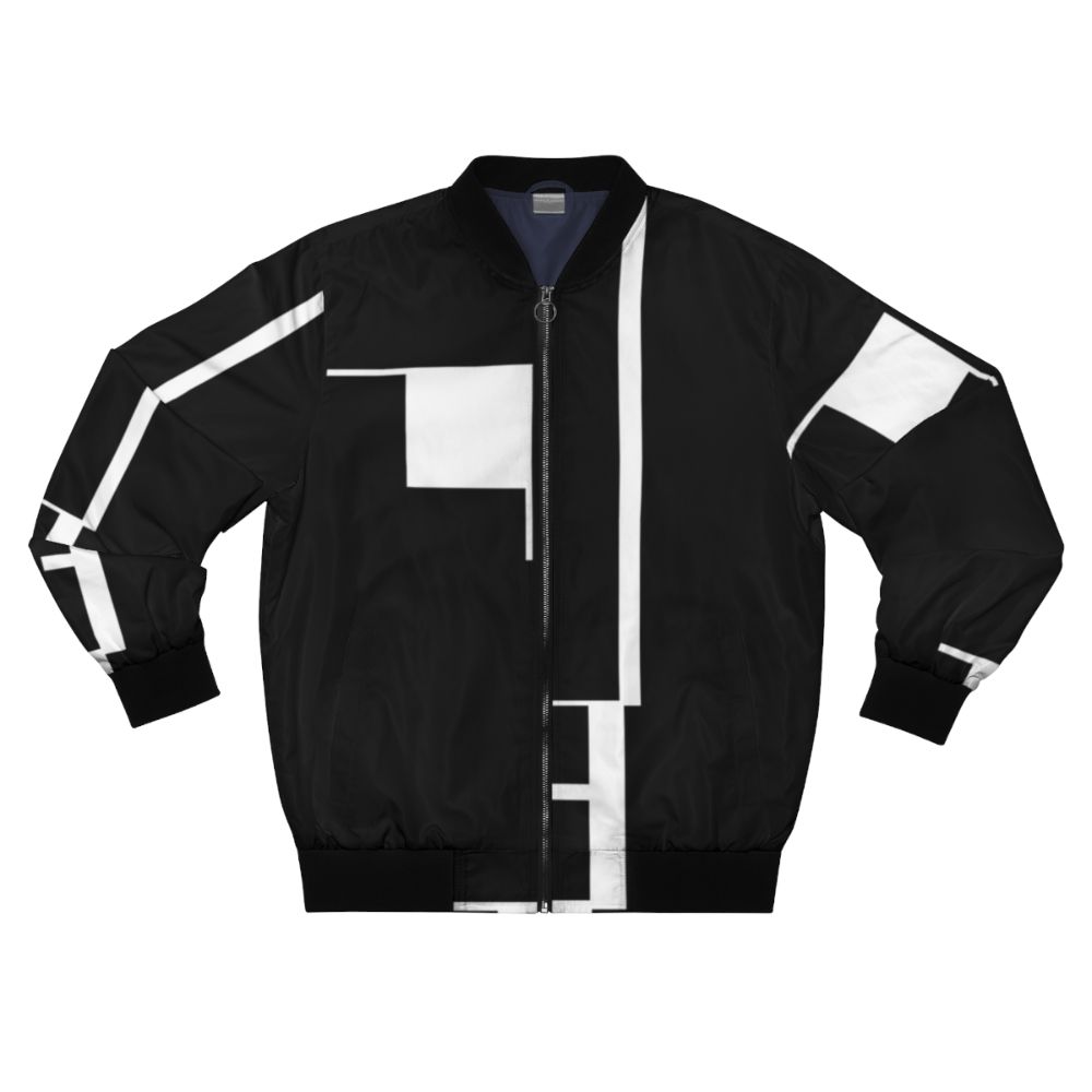 Bauhaus-inspired gothic bomber jacket with black and white geometric patterns