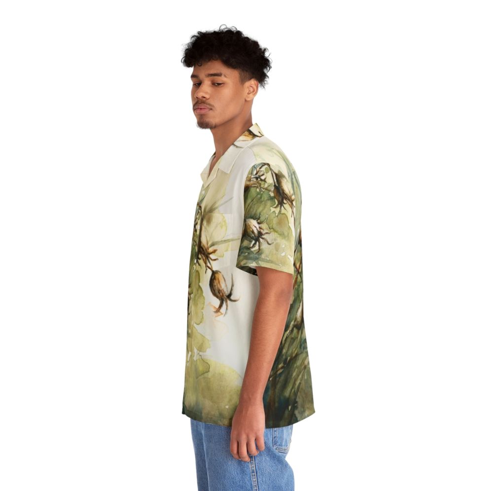 Colorful Hawaiian shirt featuring a botanical print of summer seedpods - People Left