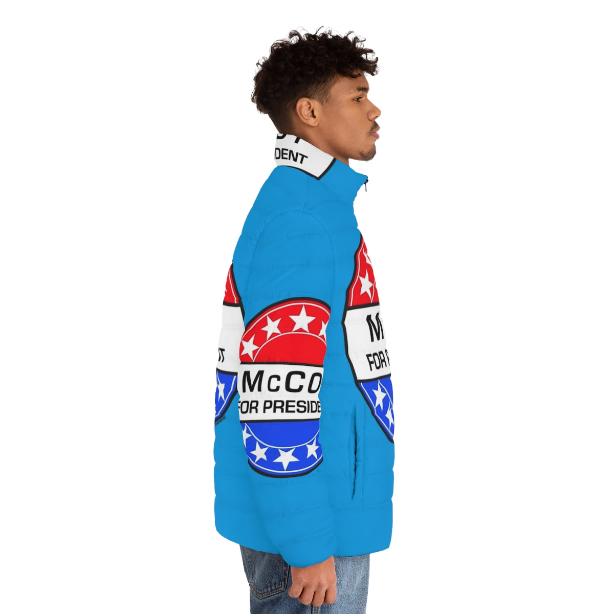 Mccoy For President Sci-Fi Puffer Jacket with Retro Pop Art Design - men side right