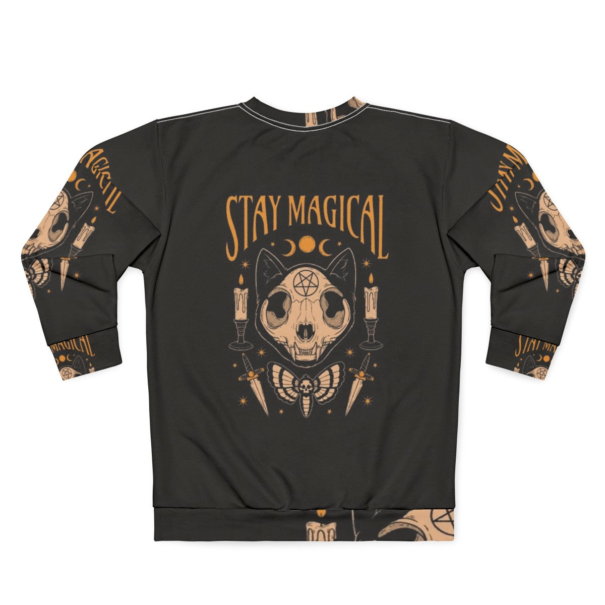 Stay Magical Occult Sweatshirt with Cat Skull, Skeleton, and Moon Imagery - Back