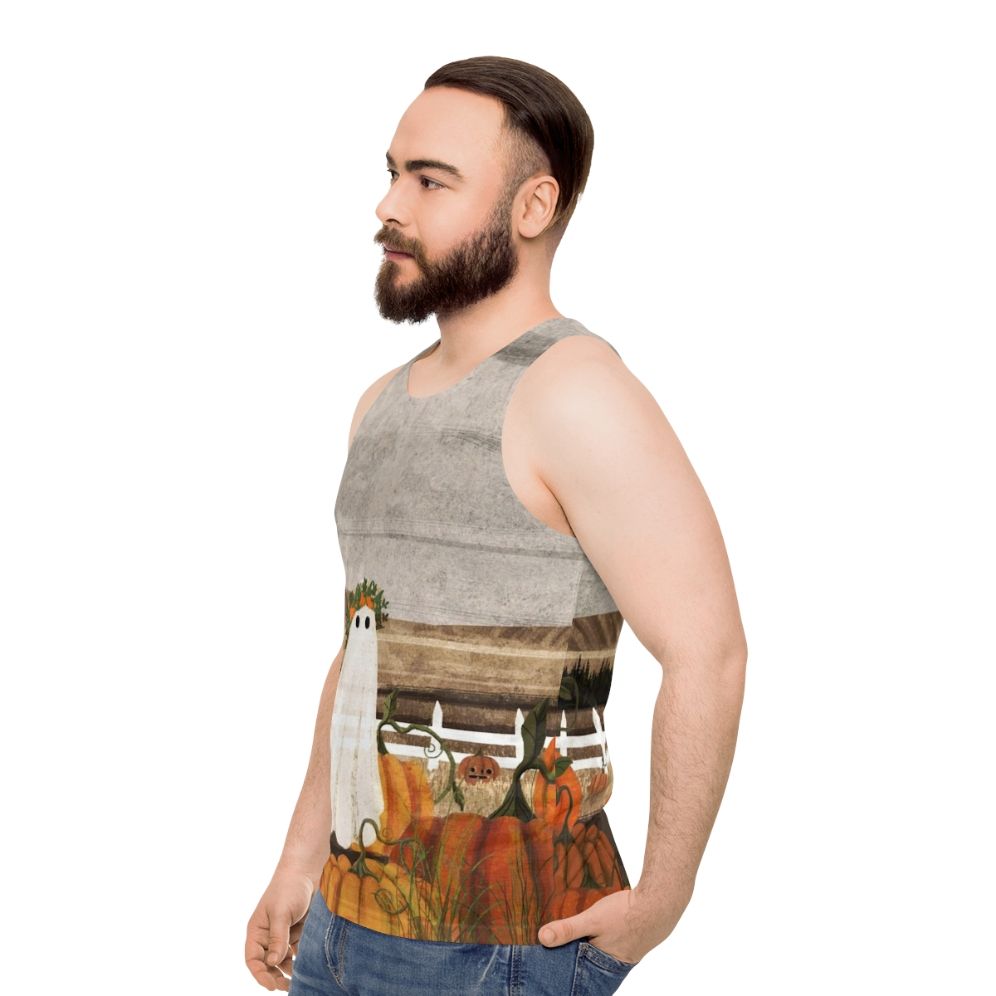 Unisex tank top with vintage pumpkins patch and ghost design - men side