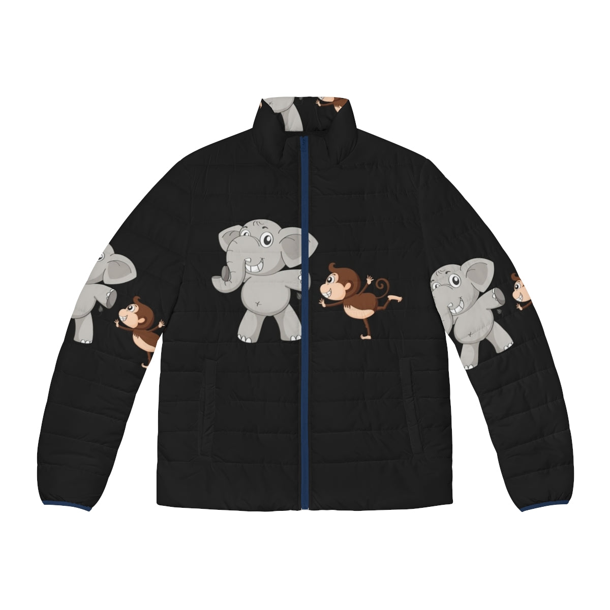 Legendary animals puffer jacket featuring mystic dragons, unicorns, and other fantasy creatures