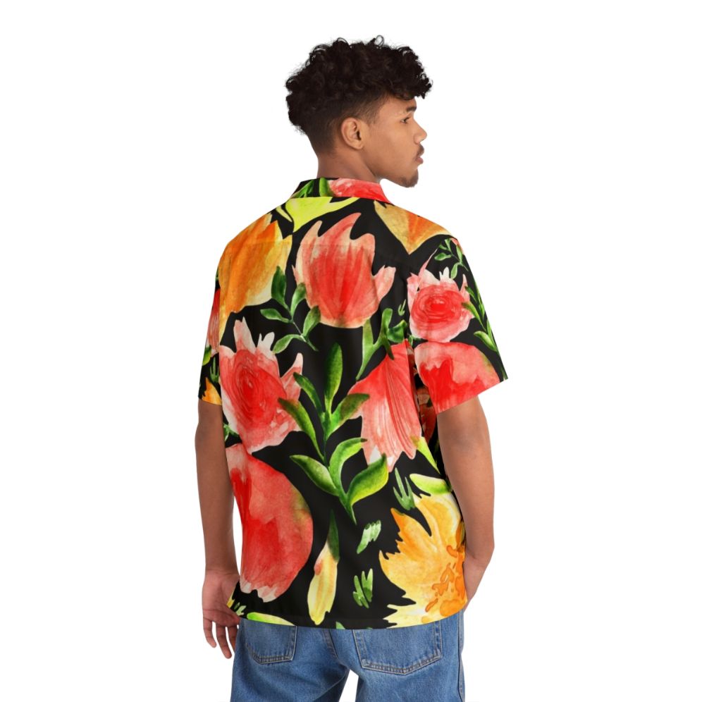 Watercolor floral Hawaiian shirt with black background - People Back