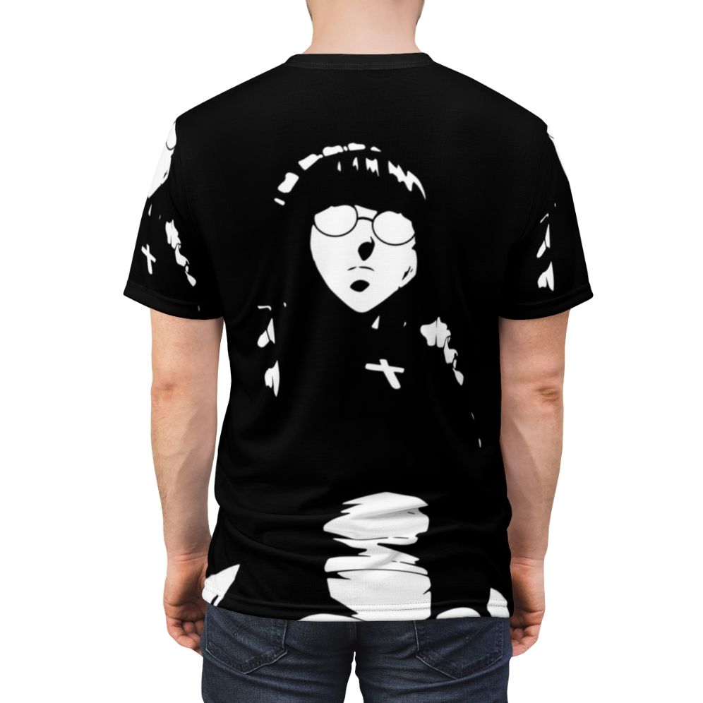 A black and white minimalist t-shirt design featuring Roberta from the anime/manga series Black Lagoon. - men back