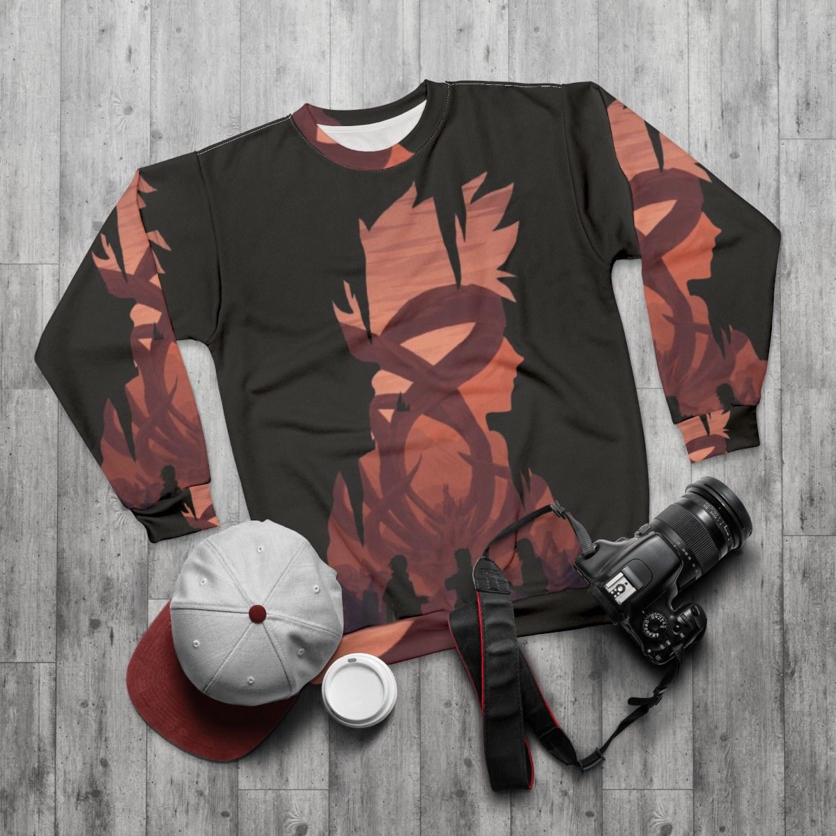 Anime manga hero sweatshirt with Naruto inspired graphic - flat lay