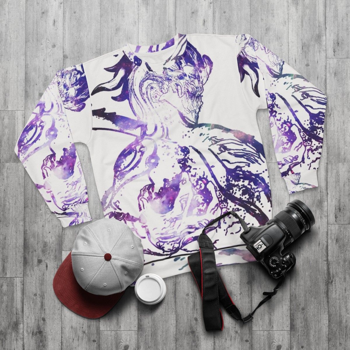 Aurelion Sol Galaxy Sweatshirt with Cosmic Star Pattern - flat lay