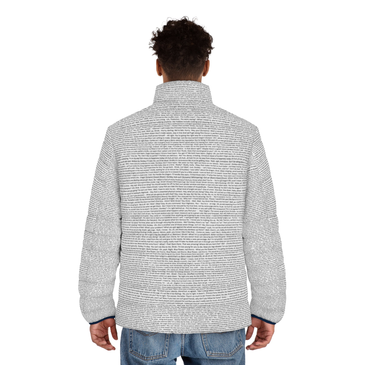 Shrek script puffer jacket featuring the entire movie script printed on an oversized, cozy jacket - men back