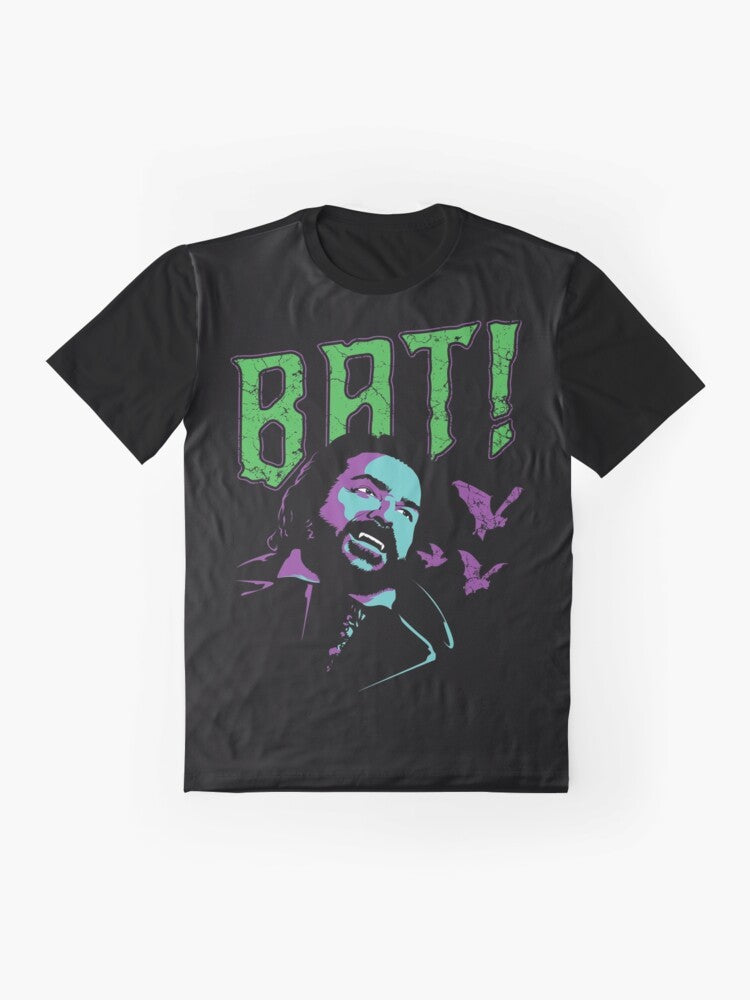 Graphic t-shirt featuring a bat design inspired by the TV show "What We Do in the Shadows" - Flat lay