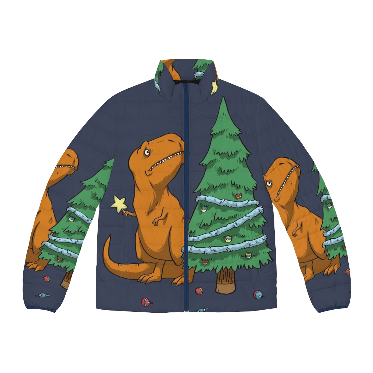 A funny puffer jacket with a t-rex design, perfect for kids during the holiday season.