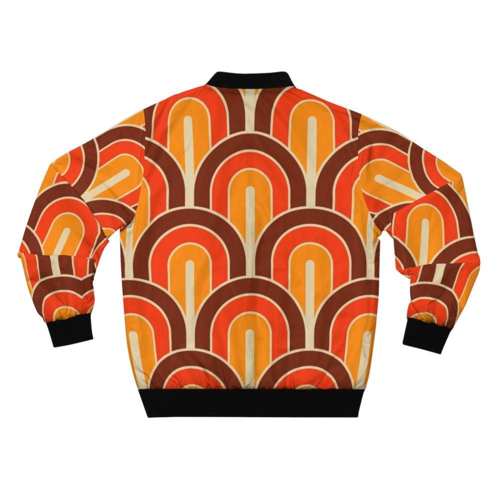 Retro geometric bomber jacket with a mix of square and circle patterns in a colorful, 60s 70s fashion style. - Back