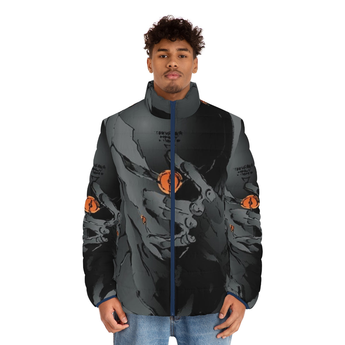 Gray fox puffer jacket with metal gear and gaming design - men front