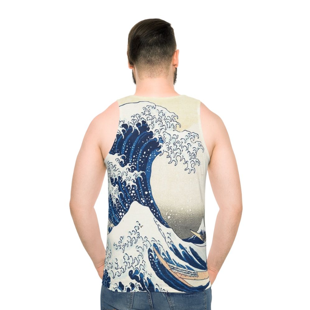 Hokusai's famous The Great Wave Off Kanagawa artwork printed on a unisex tank top - men back