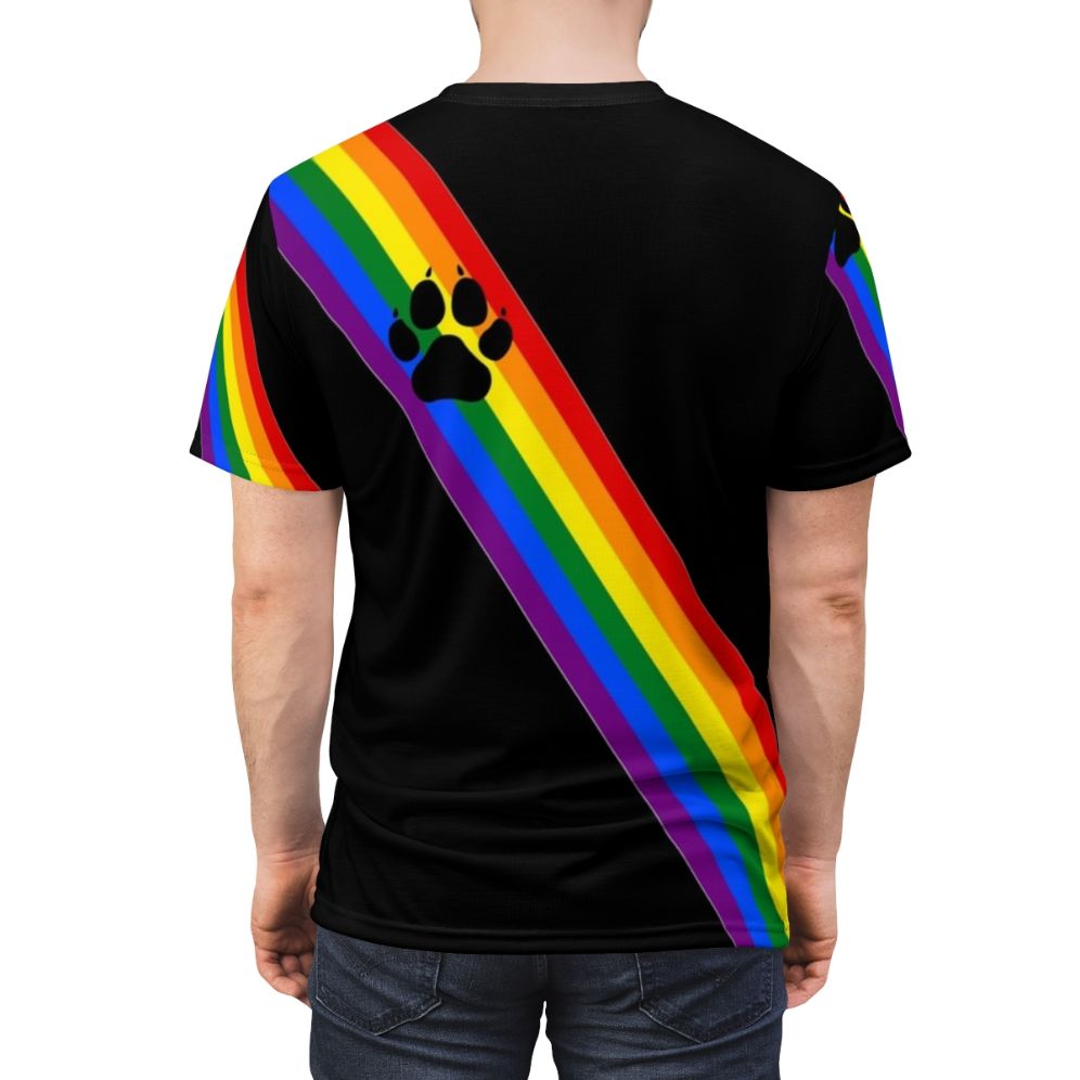 Rainbow-colored t-shirt with a playful puppy design, perfect for LGBTQ+ pride and role-play activities. - men back