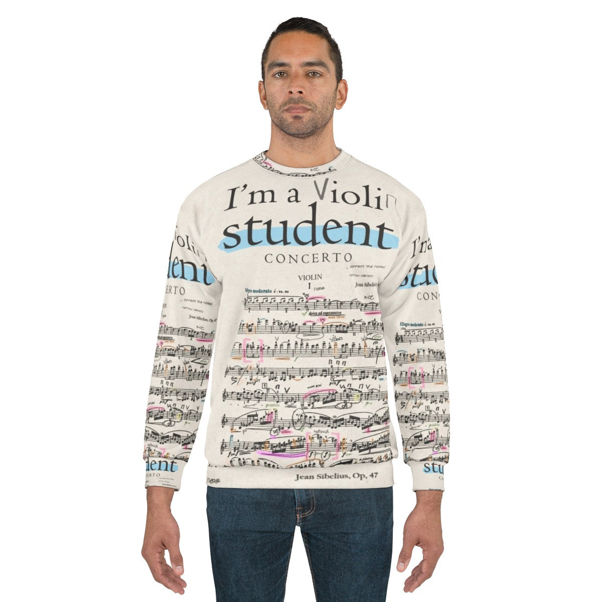 Violin student sweatshirt with classical music notes and design - men