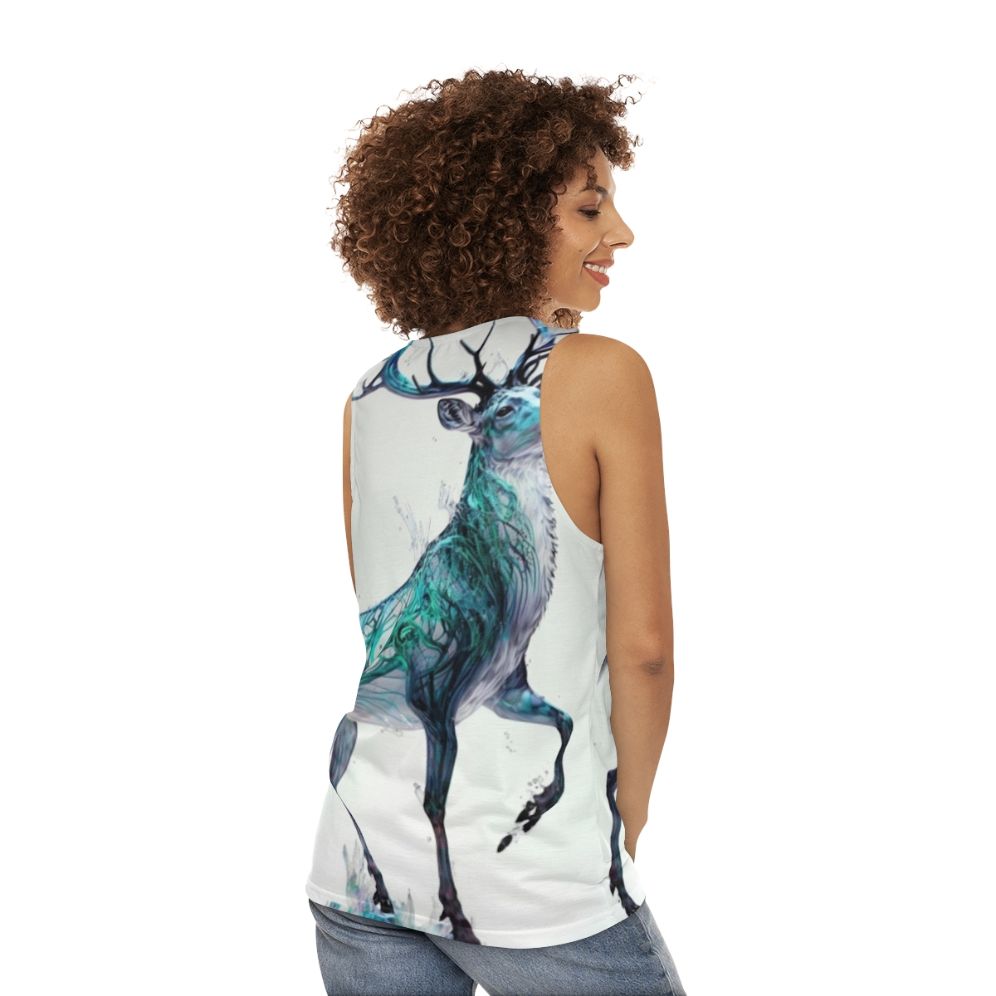 Unisex tank top with a holographic, prancing stag design - perfect for the holidays - women back