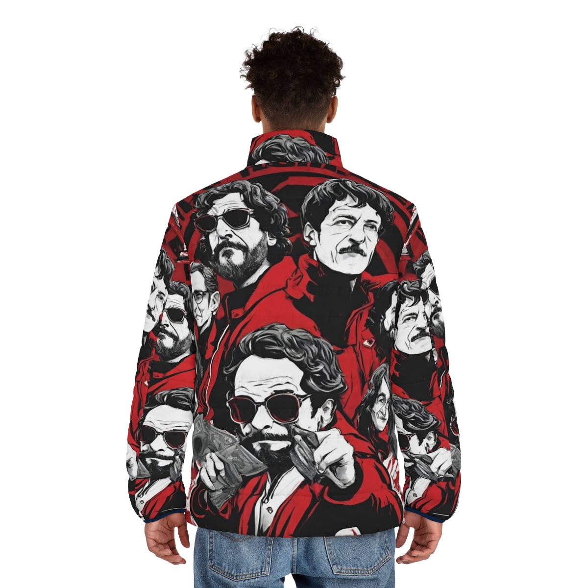 "Money Heist Inspired Puffer Jacket featuring fan art of the show's characters" - men back