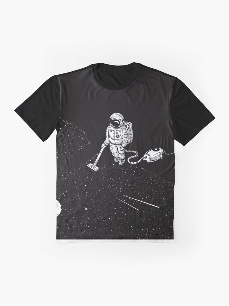 Space Cleaner Graphic T-Shirt featuring an astronaut cleaning the galaxy - Flat lay