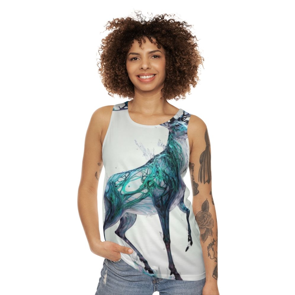 Unisex tank top with a holographic, prancing stag design - perfect for the holidays - women