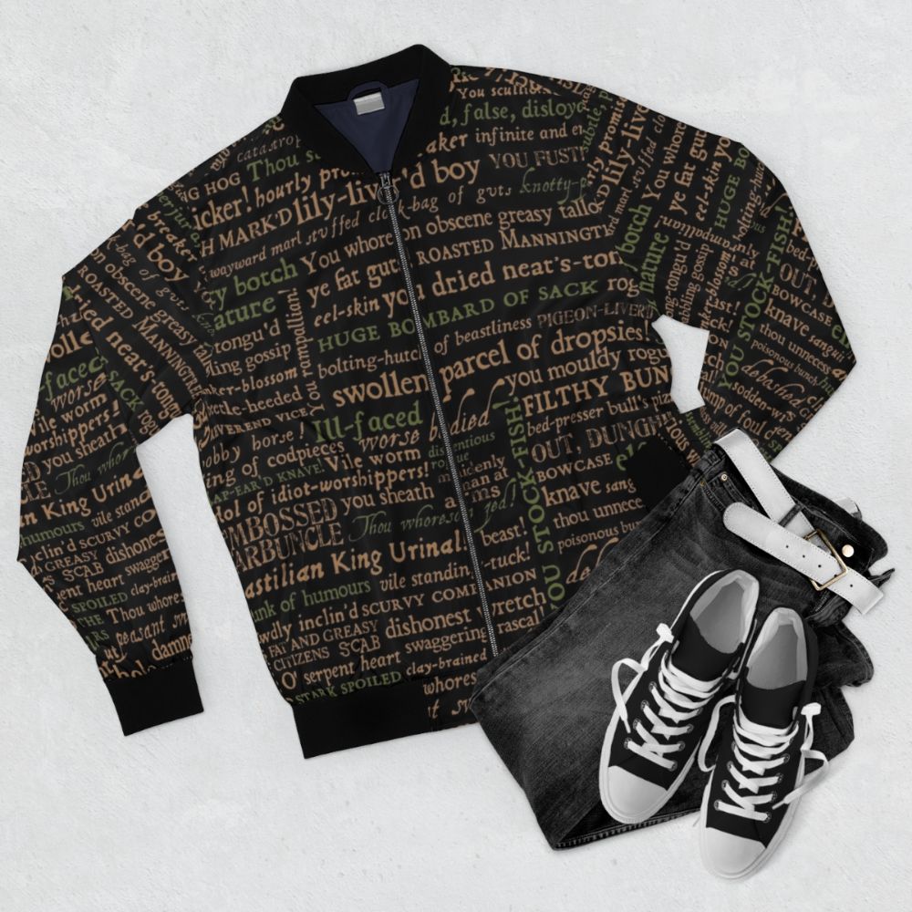 Shakespeare Insults Bomber Jacket featuring clever quotes and literary design - Flat lay