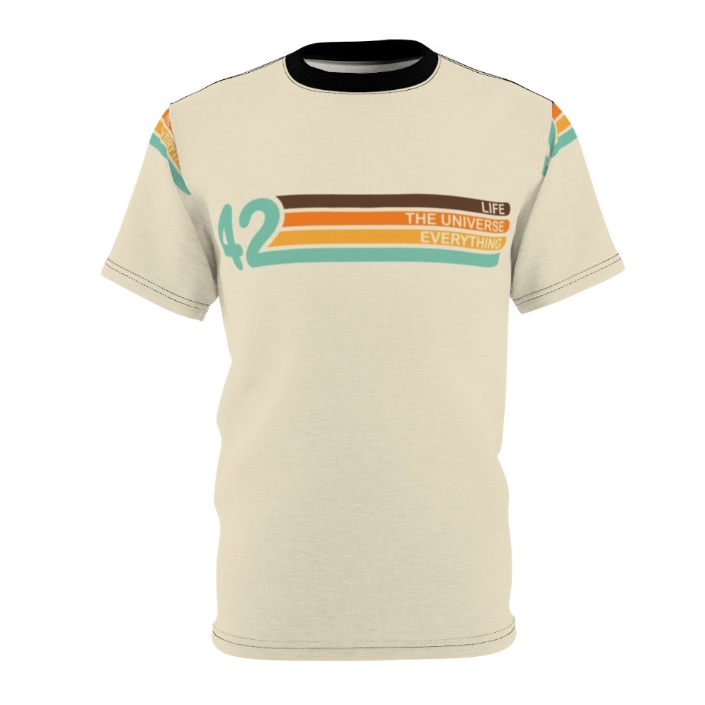 Retro-inspired t-shirt featuring the iconic "life the universe and everything" design from Douglas Adams' Hitchhiker's Guide to the Galaxy