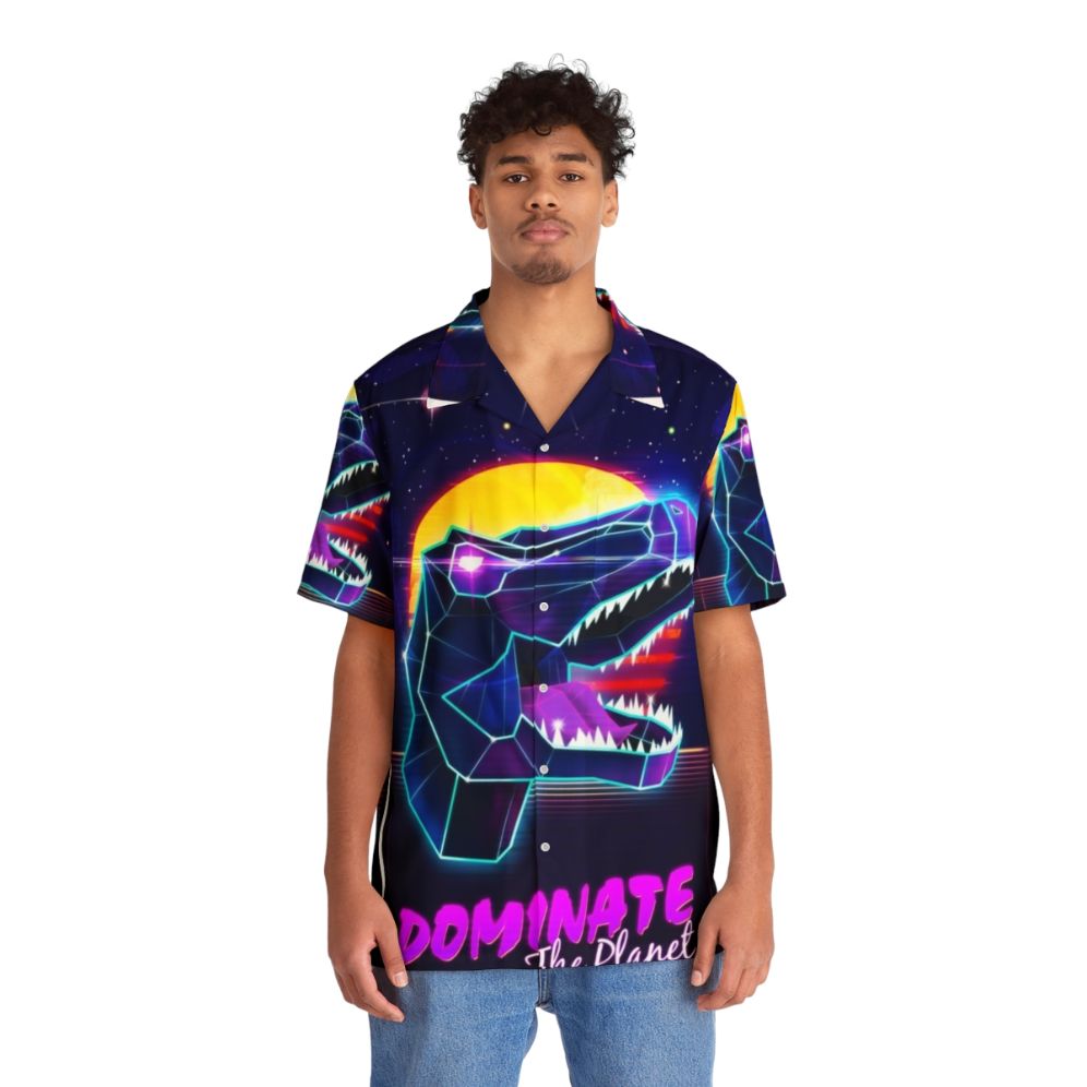 Electric Jurassic Rex Dominate The Planet Hawaiian Shirt - Retro Synthwave Cyberpunk Fashion - People Front