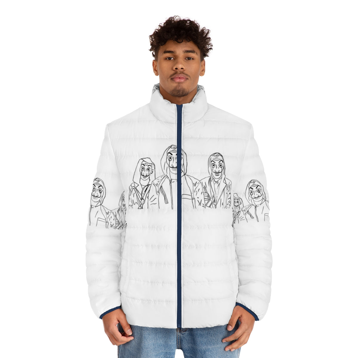 Money Heist Puffer Jacket with Professor and Gang Insignia - men front