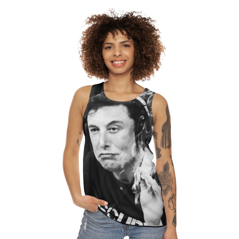 Unisex tank top with Elon Musk inspired smoking design - women