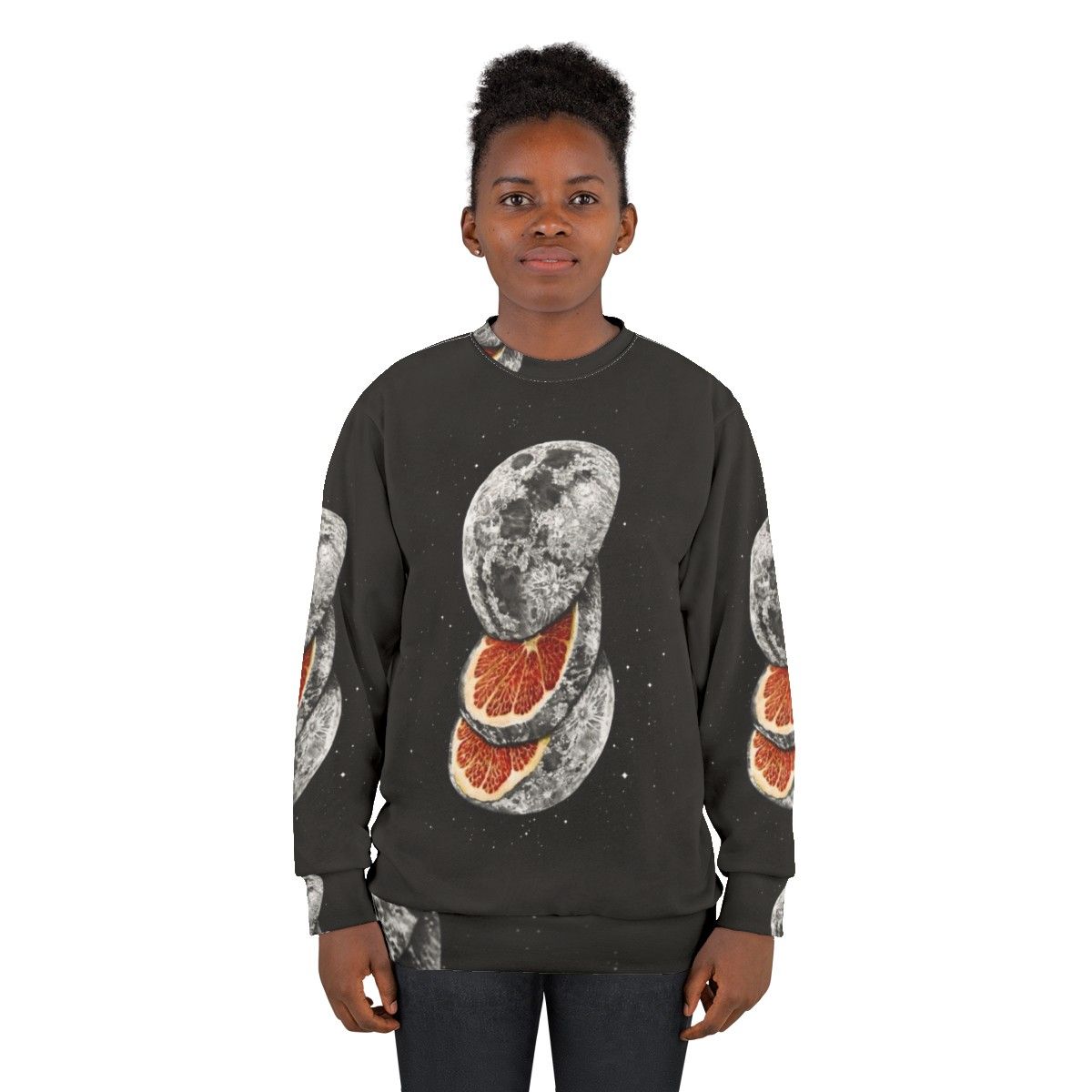 Lunar Fruit Sweatshirt with Full Moon and Space Design - women