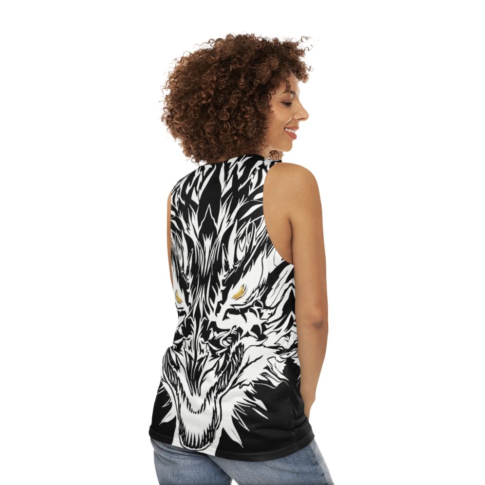 Unisex tank top with a mystical ice dragon graphic - women back