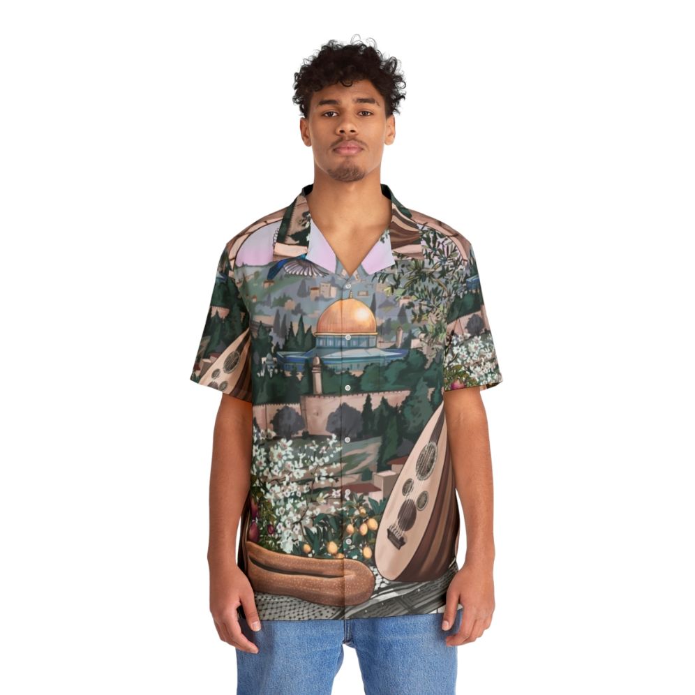 Authentic Arabic-Inspired Hawaiian Shirt with Palm Trees, Olive Trees, and Kuffiyah Pattern - People Front