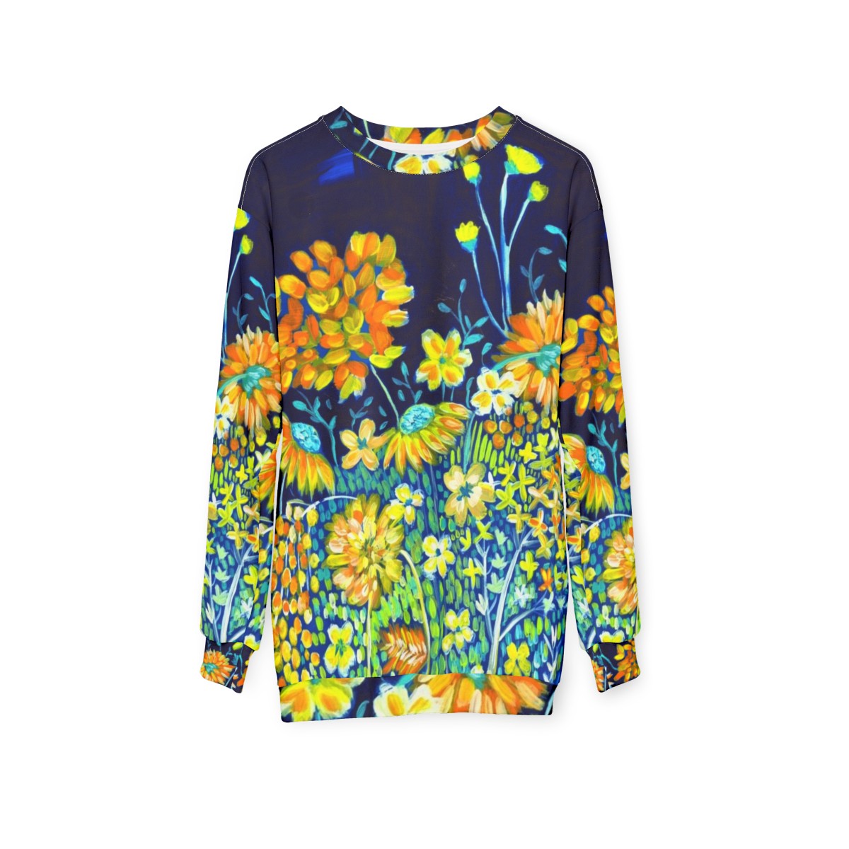 Vibrant spring night floral sweatshirt with indigo blue and yellow daisies - hanging