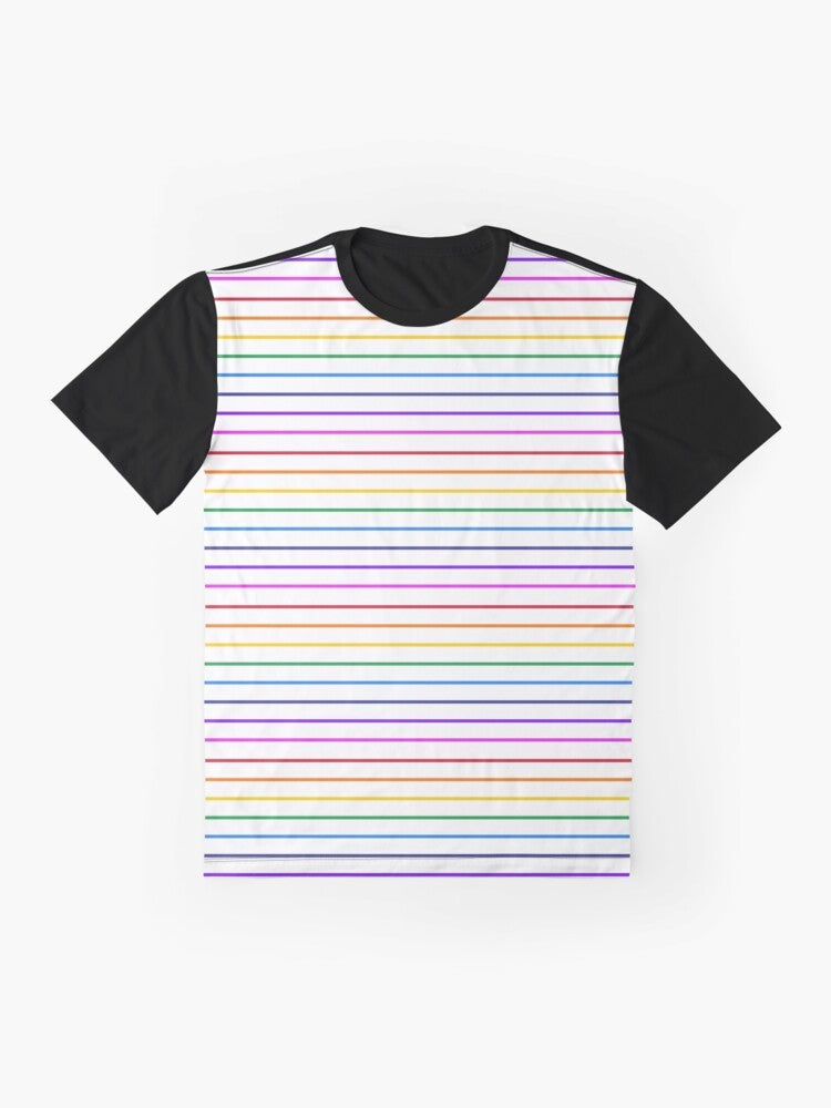 Bright rainbow horizontal stripe graphic t-shirt - Flat lay