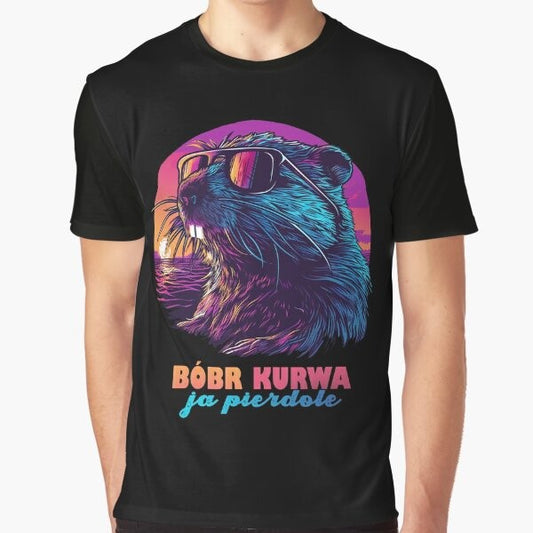 Synthwave Polish Beaver Meme Graphic T-Shirt