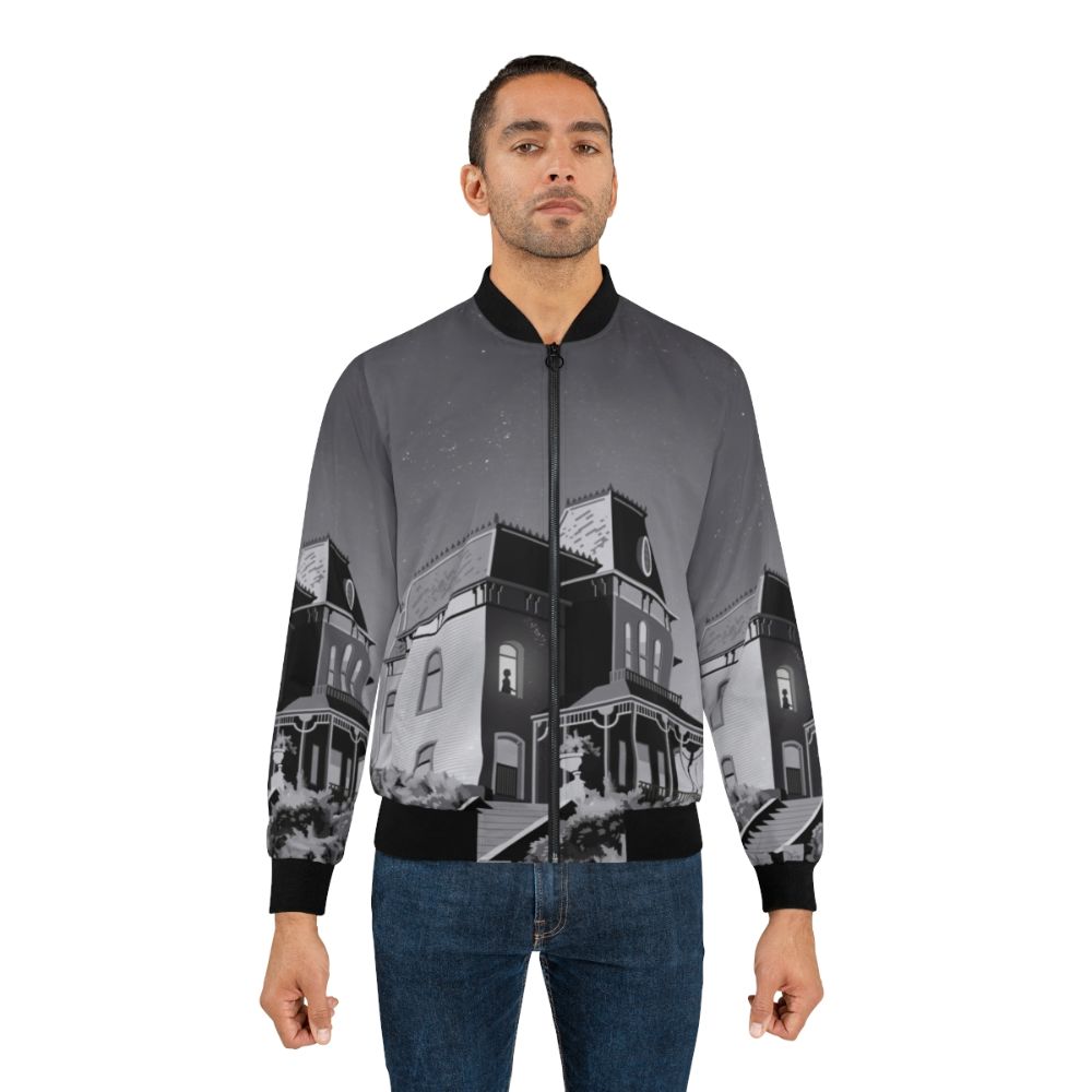 Illustration of Alfred Hitchcock's classic film "Psycho" on a bomber jacket - Lifestyle