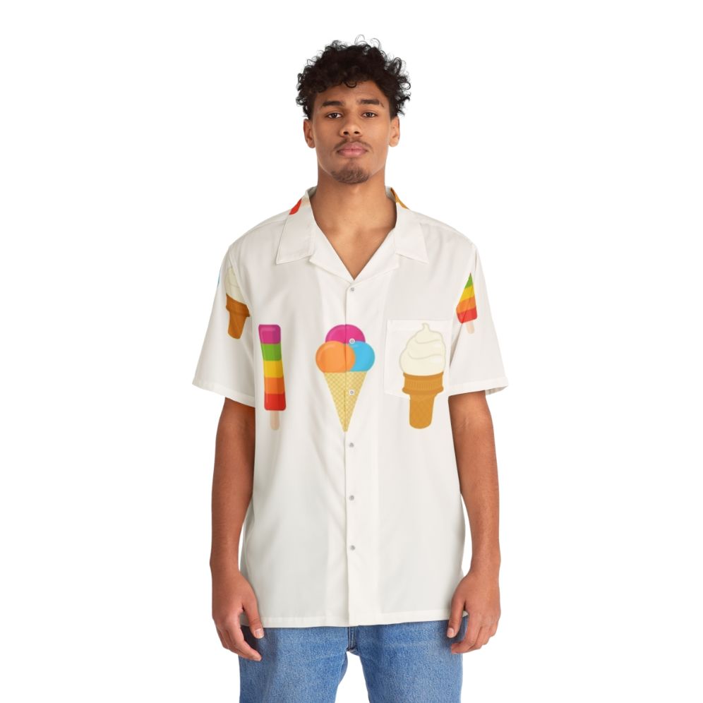 Colorful Hawaiian shirt with ice cream, popsicle, and frozen dessert print - People Front